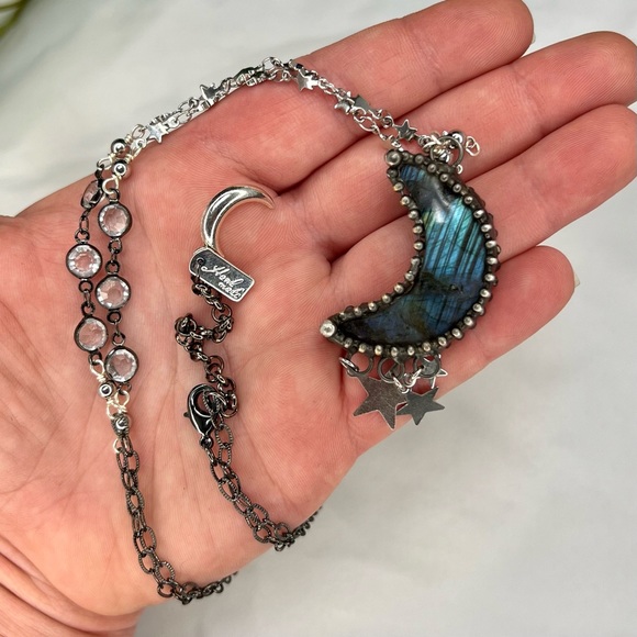 Crescent Moon & Stars Labradorite Statement Necklace - Picture 4 of 7
